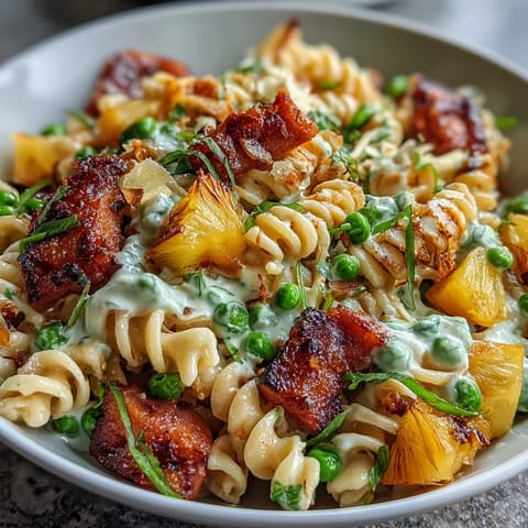 Ein farbenfroher hawaiianischer Nudelsalat mit Schinken, Ananas und Ranch-Dressing, perfekt für Picknicks und Potlucks.