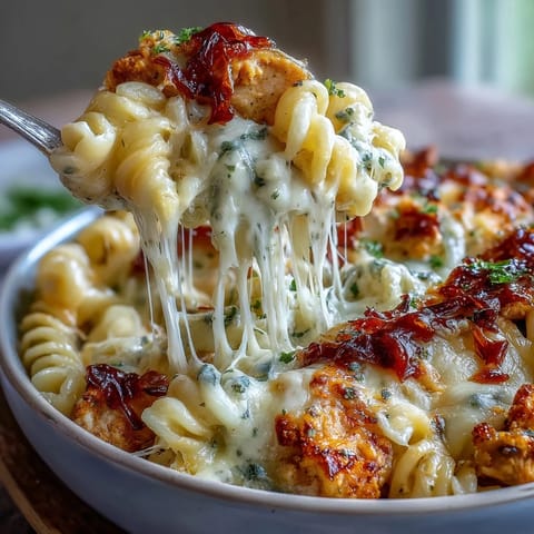 Köstlicher One-Pot-French-Onion-Chicken-Pasta mit goldgelben Zwiebeln und geschmolzenem Gruyère.