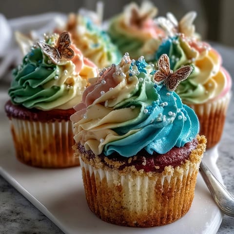 Zarte Vanille-Cupcakes mit pastellfarbener Buttercreme und charmanten Schmetterlingsdekorationen – perfekt für Frühlingsfeiern.