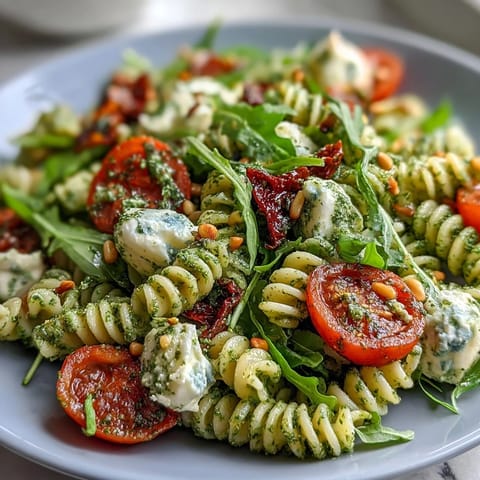 Sommer-Pasta-Salat mit Pesto, Kirschtomaten und Mozzarella - ein farbenfrohes Gericht mit aromatischem Pesto, saftigen Kirschtomaten und cremigem Mozzarella.