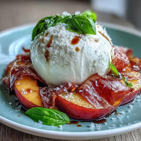 Frischer Burrata und Pfirsich Salat mit Prosciutto, perfekt für leichte Sommermahlzeiten.