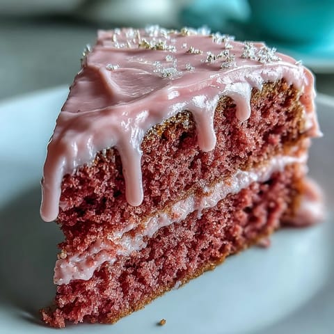 Zarter Rosé Velvet Cake, dekoriert mit weißer Creme und Goldtropfen.
