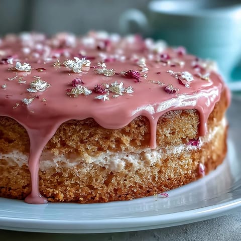 Glänzender Bridal Shower Rosé Velvet Cake mit goldenem Tropf, dekoriert.