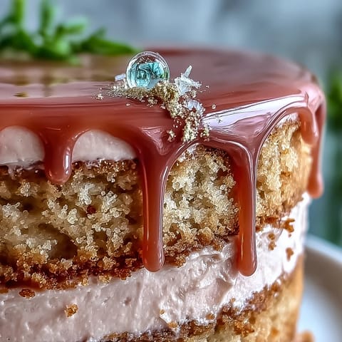 Festliche Brautparty Rosé Samt Torte, gekrönt mit glänzendem Goldschmelz.