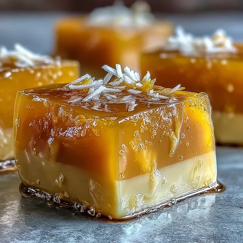 Erfrischende Mango-Agar-Agar-Würfel mit Kokosmilch, perfekt als leichtes veganes Dessert.