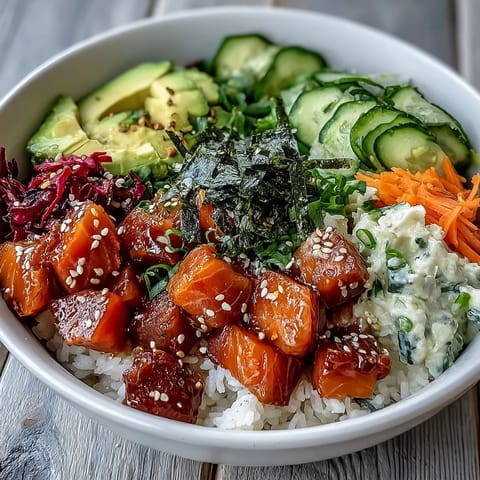 Frische Lachs-Poke-Bowl mit Edamame, Avocado, perfekt für leichte Abendessen.