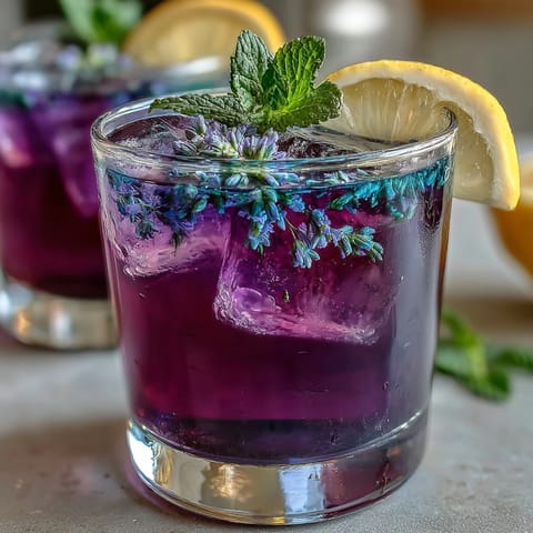 Einzigartiges, sich veränderndes Rezept für Schmetterlingsblüten-Zitronenlimonade mit lebendigen Farben.