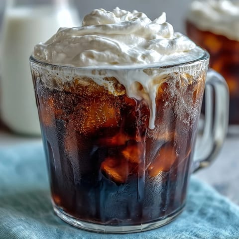 Luxuriöses Kaltkaffee-Getränk mit hausgemachtem Vanille-Sahne-Topping serviert.