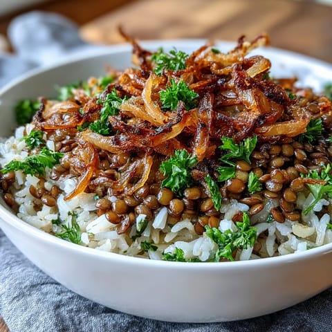 Levantinisches Mujadara mit knusprigen Zwiebeln, ein wärmendes vegetarisches Hauptgericht.