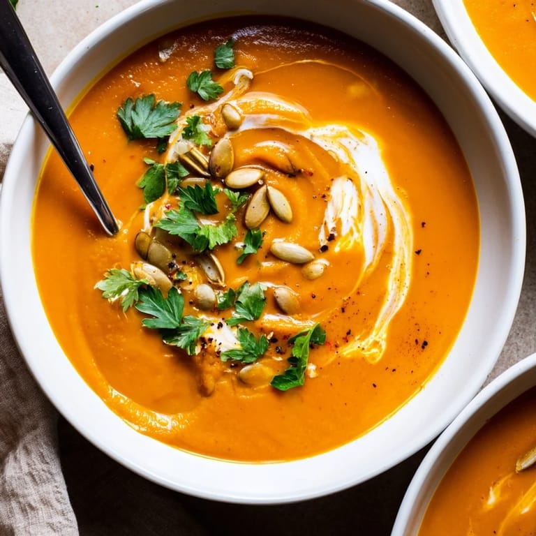 Aromatische Roasted Pumpkin Soup in einer Schüssel, umgeben von herbstlichen Dekorationen.