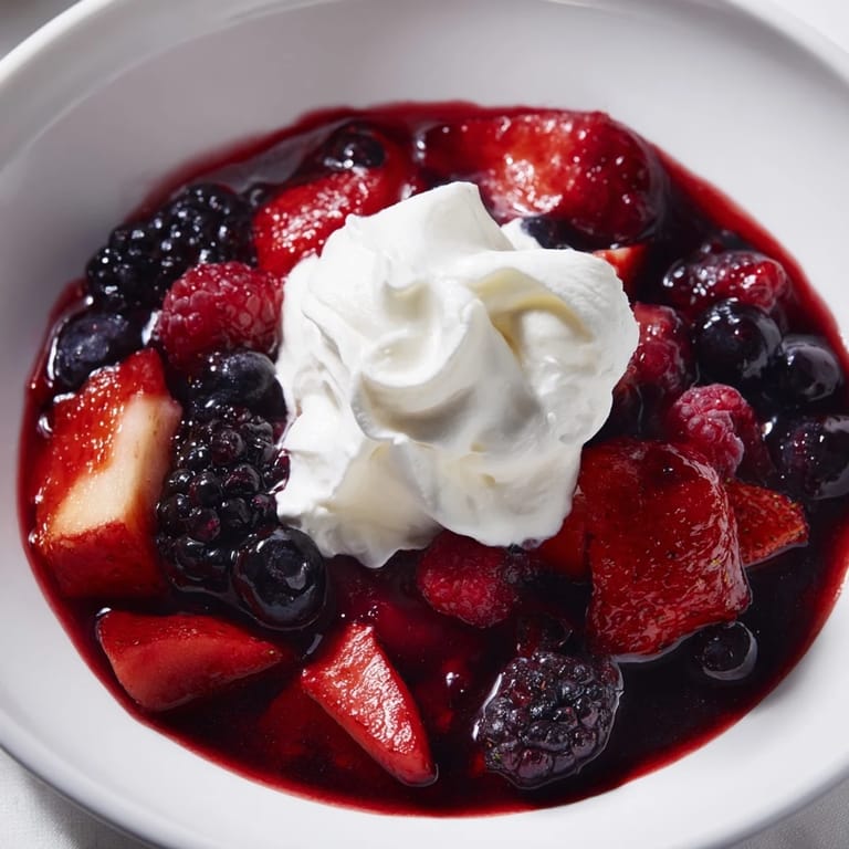 Eine köstliche Mischung aus frischen Beeren, die in Sahne serviert wird.