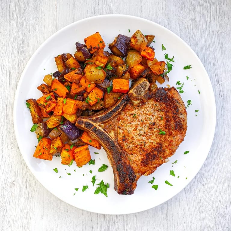 Deliciously caramelized Sheet Pan Pork Chop & Roasted Root Veggies, perfect for a cozy American meal.