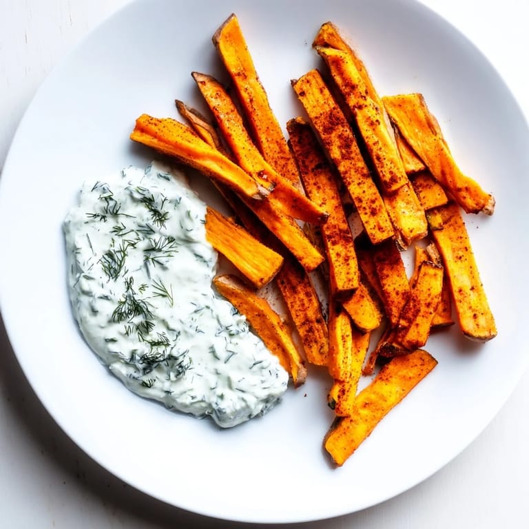 Freshly made sweet potato fries, seasoned with paprika, sit alongside a vibrant herbed yogurt dip.