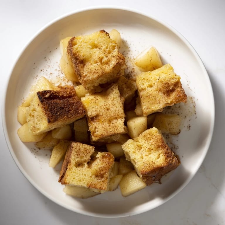 Warm bread pudding with apples and cinnamon, showing soft fruit and a golden baked crust glistening invitingly.