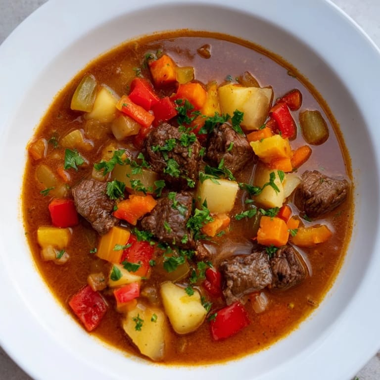 Tender beef and vibrant vegetables simmer in this comforting Goulash Soup, perfect for a cold evening.