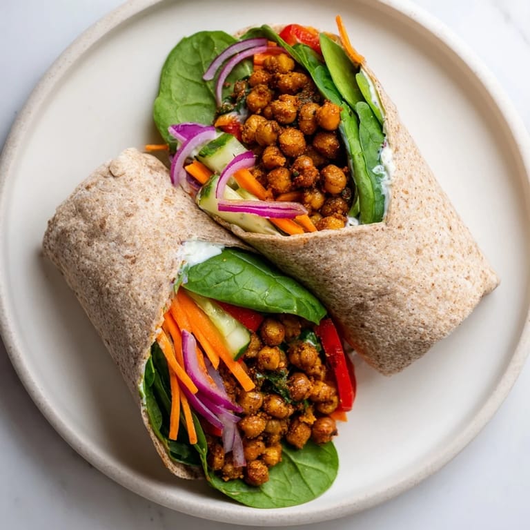 A close-up of a Chickpea & Vegetable Wrap, showcasing the fresh, colorful filling and savory spices.