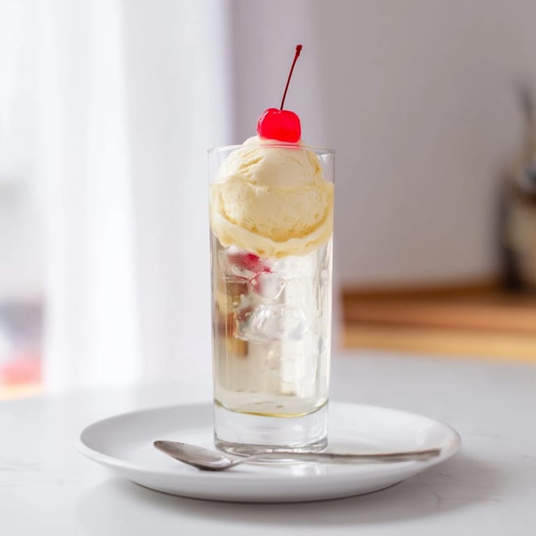 Homemade vanilla syrup bubbles in a glass, ready for this refreshing Cream Soda Float.