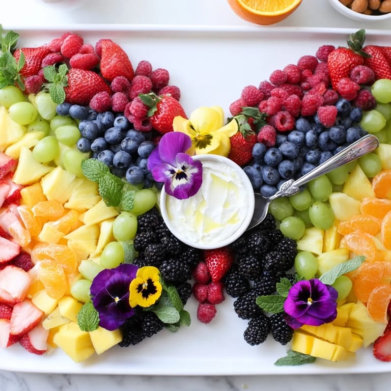 This butterfly garden fruit board is a visually stunning appetizer arranged with vibrant, juicy fruits.