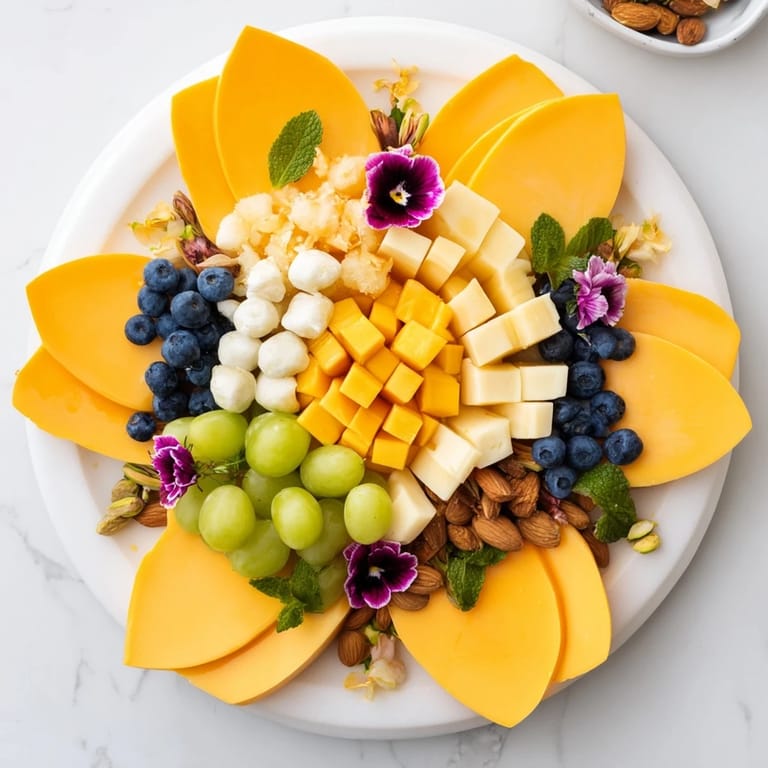 Enjoy a delicious assortment of cheeses, fruits, and crackers presented as a festive Daffodil Cheese Board.