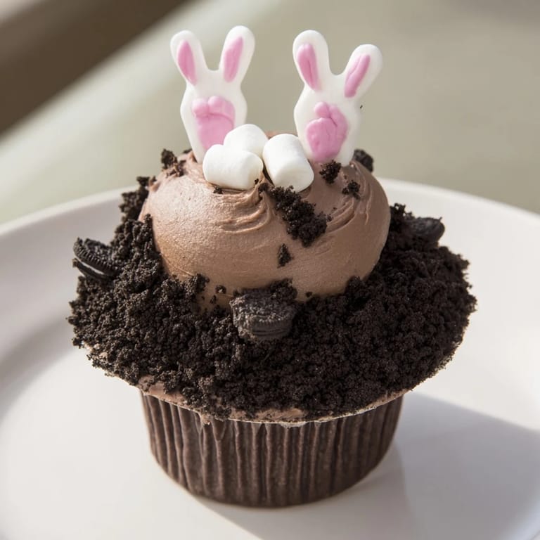 Adorable, whimsical Bunny Burrow Cupcake Tray showcased with chocolate frosting and fondant bunny feet.
