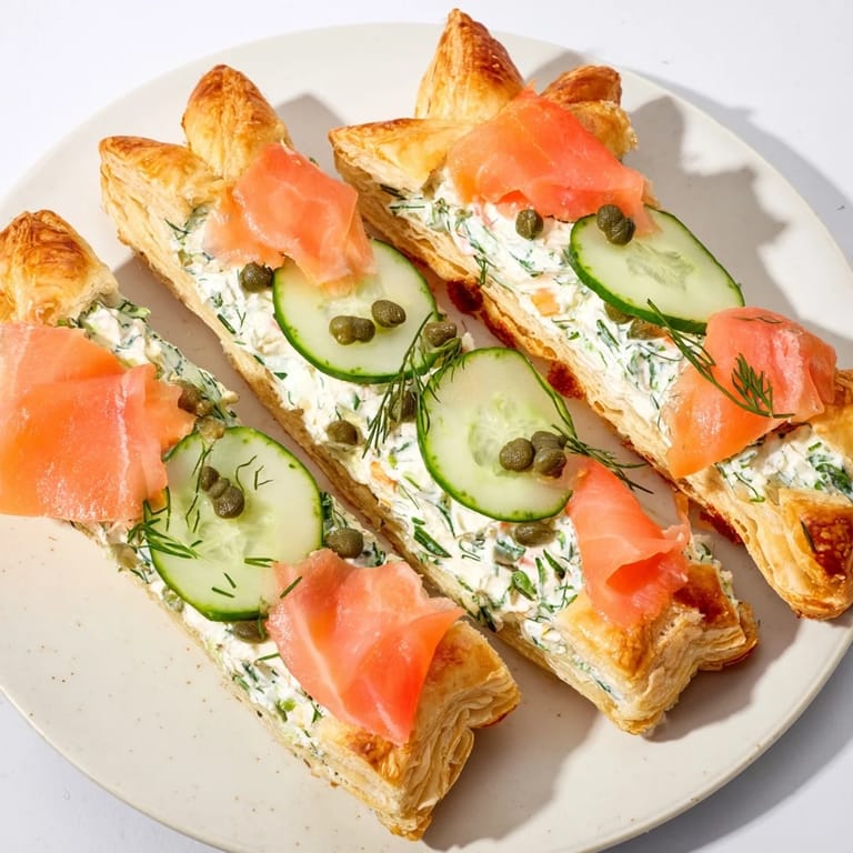 Eine Nahaufnahme der Étoiles Filantes Assiette de Fin dAnnée, mit Lachs, Kräuterkäse und knusprigen Sternen.