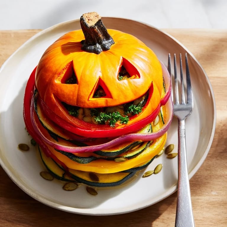 Vibrant Pumpkin Lantern Halloween Plate, roasted vegetables forming a festive jack-o-lantern face; a colorful appetizer.