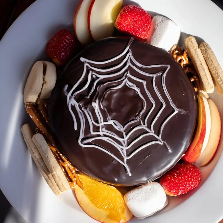 Enjoy this easy-to-create Spiderweb Chocolate Ganache Board with sweet dippers, an unforgettable Halloween dessert.