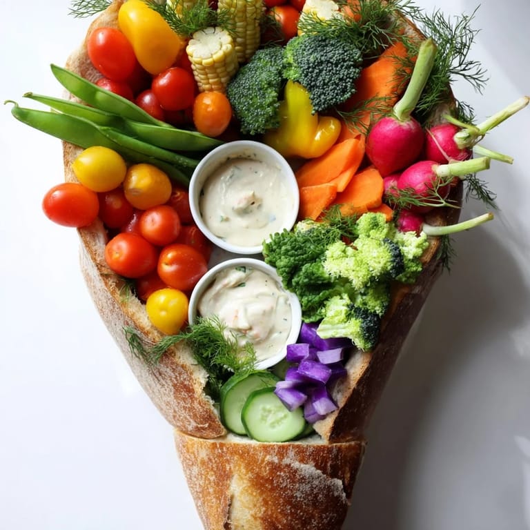 Enjoy a beautifully arranged cornucopia veggie board, perfect for a fresh and flavorful appetizer spread.