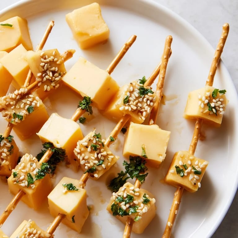Festliche NYE-Käse: Cheddar-Käse auf Salzstangen als knusprig-leckere Party-Snack-Kreation.