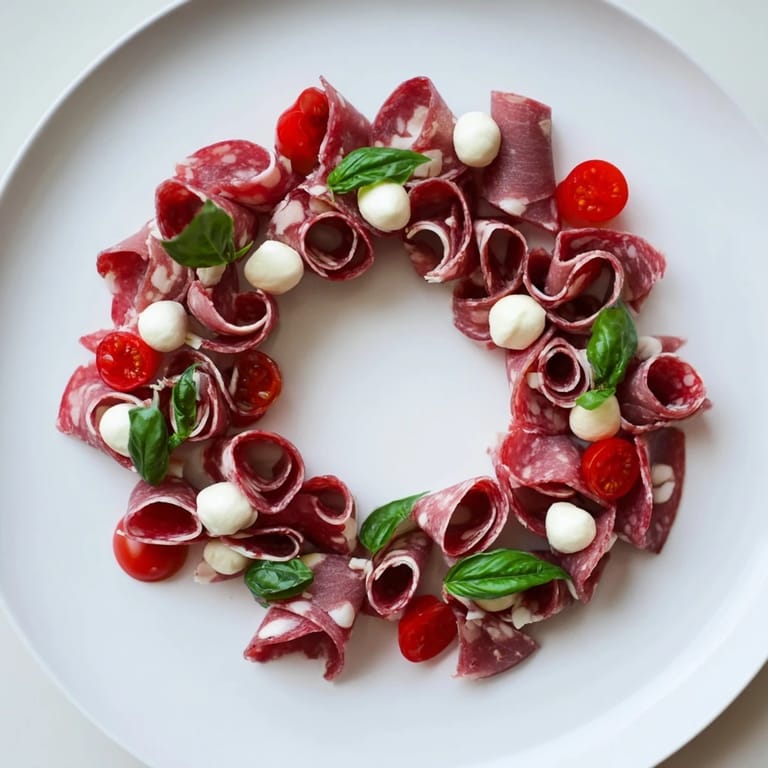 Artfully folded salami creates a festive wreath, ready to be enjoyed as a savory appetizer.