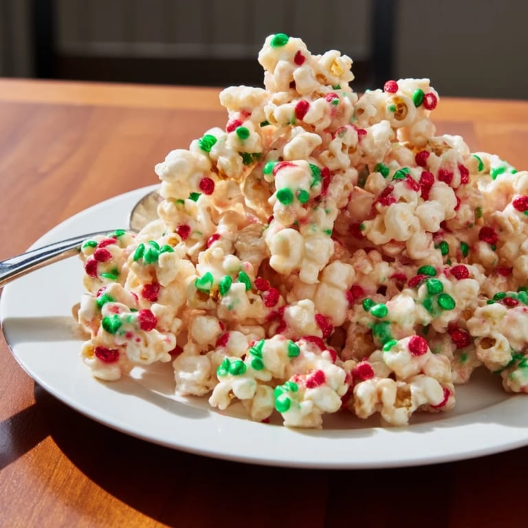 Delicious, homemade popcorn piles, sprinkled generously in red and green for a holiday treat.