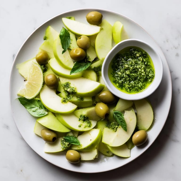 A delightful view: vibrant green Emerald City board with pesto, olives, and fresh apples.