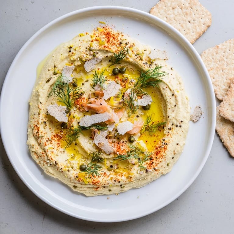 This The Driftwood Beach appetizer presents smoked fish and crackers next to a beach of hummus.