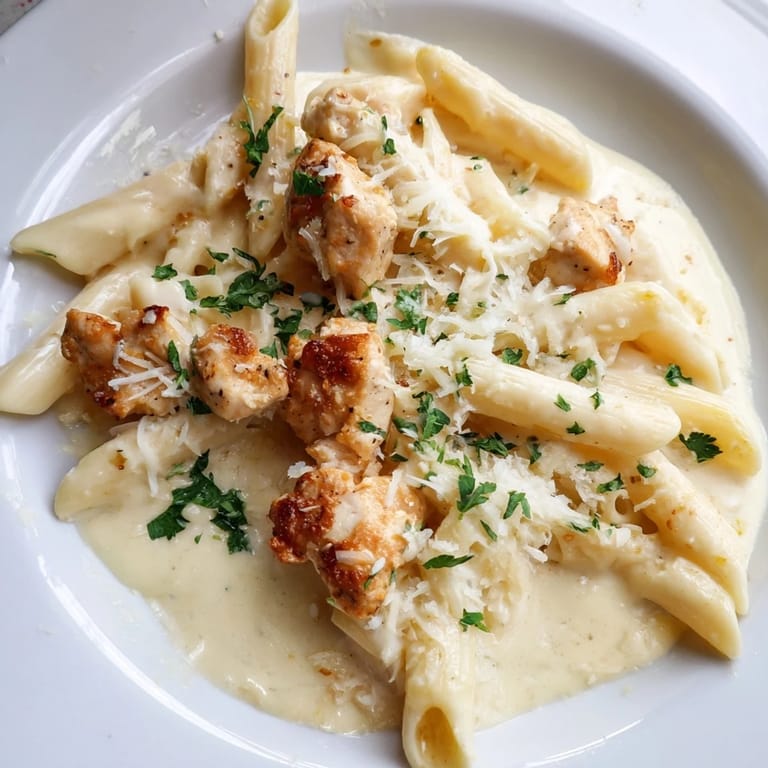 Vorfreude auf den Genuss: Ein Teller Chicken Alfredo Bake, garniert mit frischer Petersilie, strahlt.