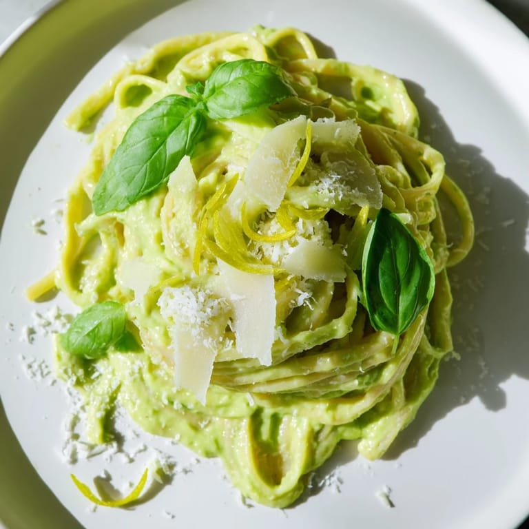 Enjoy a plate of delicious creamy avocado pasta, a vegetarian Italian-inspired meal.