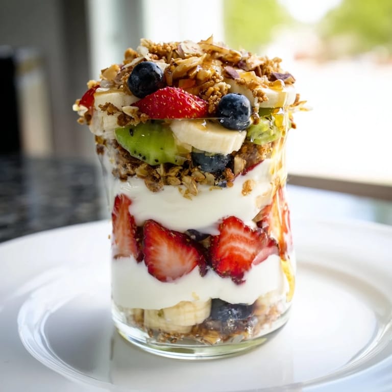 Beautiful Layered Yogurt Fruit Parfait, showing yogurt, colorful fruit, and granola in clear glasses for breakfast.