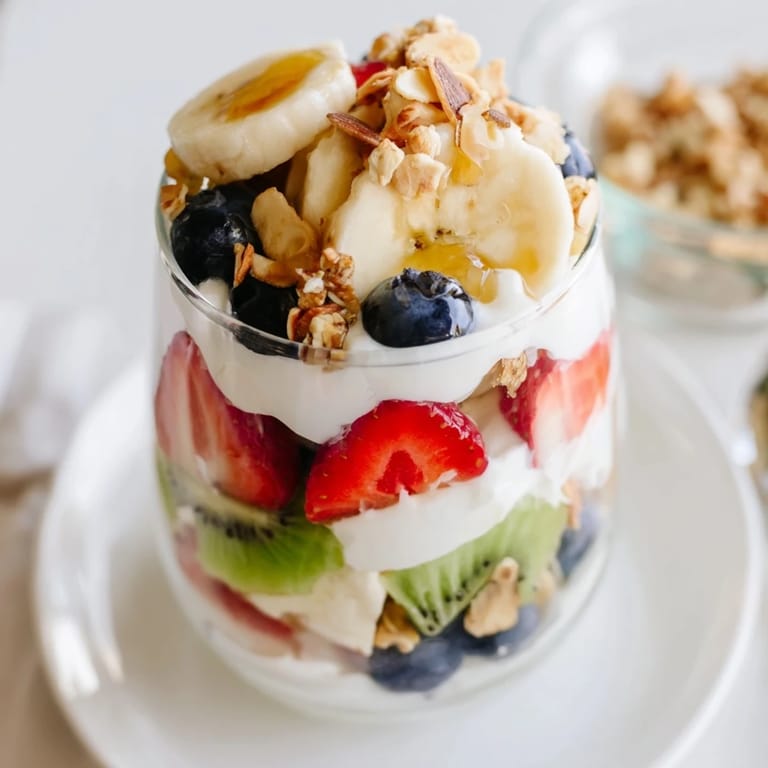 Refreshing Layered Yogurt Fruit Parfait featuring creamy yogurt, fresh fruit, and a satisfying granola crunch.