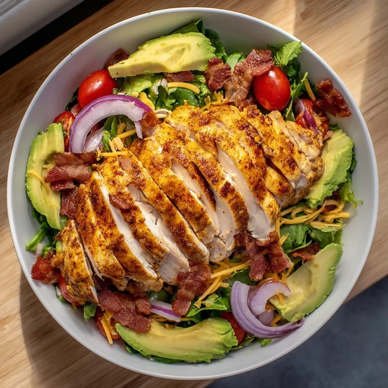 A colorful close-up of the finished crispy bacon chicken salad, perfect for a satisfying, gluten-free meal.