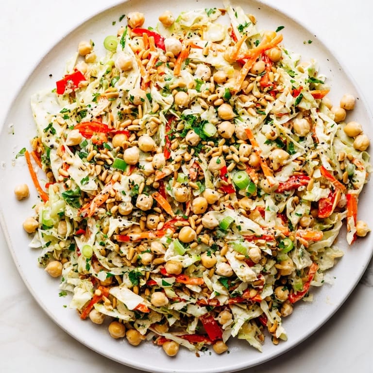 Overhead view of a Fiber-Forward Chickpea Salad, ready to serve as a delicious, vegan side dish.