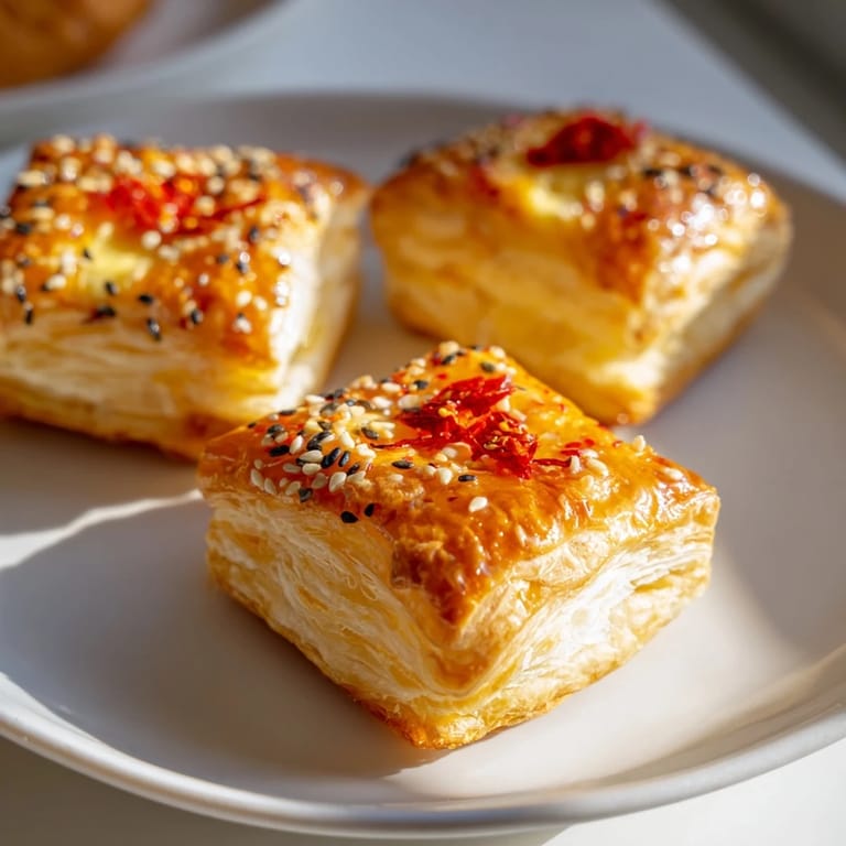 Close-up of baked Chili Crisp Honey Brie Bites, drizzled honey glistening, savory, spicy, sweet flavors.