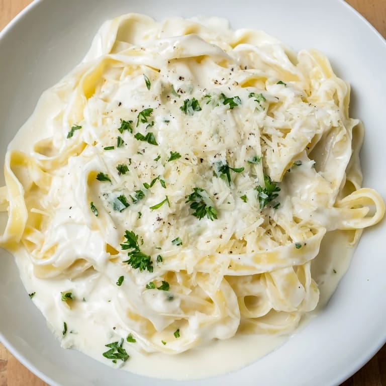Tossed pasta with Cottage Cheese Alfredo Sauce, a lighter, protein-packed Italian meal.
