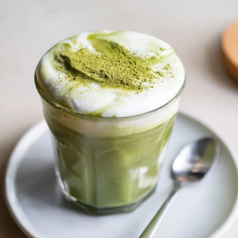 This homemade creamy matcha latte features a smooth, visually appealing, layered drink with cold foam.