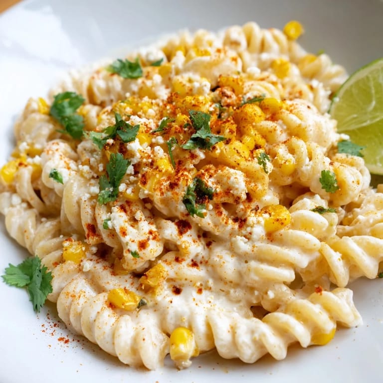 Close-up of vibrant Mexican street corn pasta, ready to be garnished with extra cheese.