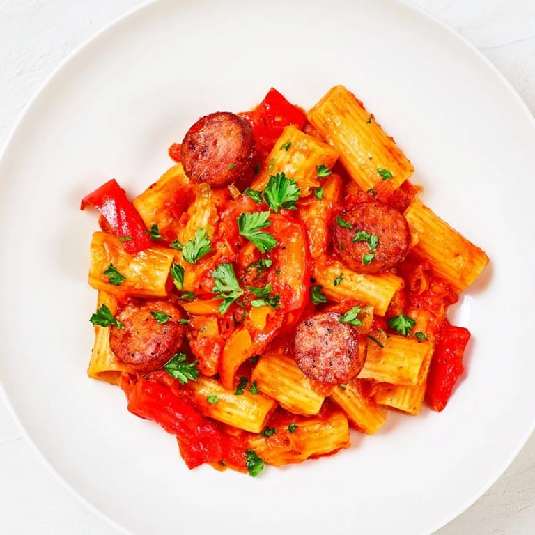 A steaming bowl of comforting Spanish chorizo pasta, with visible chorizo and bell peppers.
