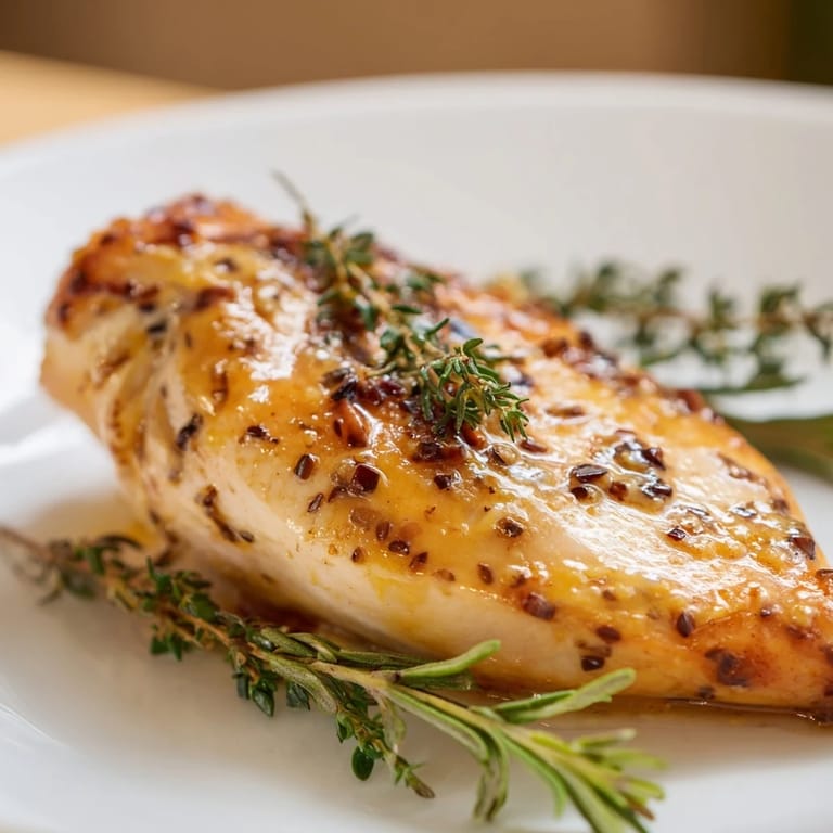 Saftiges Hähnchenfilet, glänzend in einer cremigen Honig-Dijon-Sauce, garniert mit frischer Petersilie und Rosmarin.