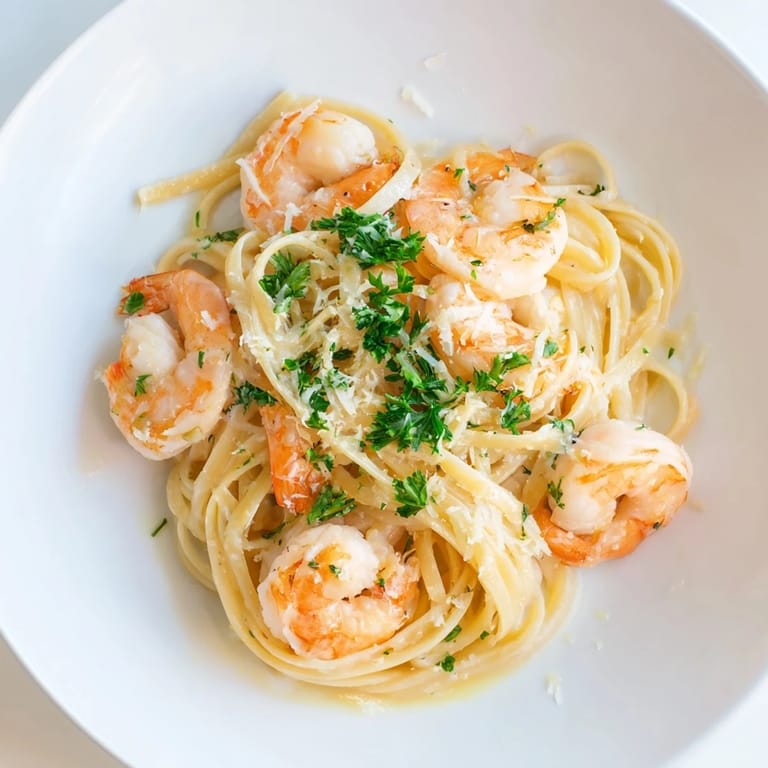 Warm Creamy Garlic Shrimp Pasta twirled on a fork, steam rising from the velvety garlic sauce.