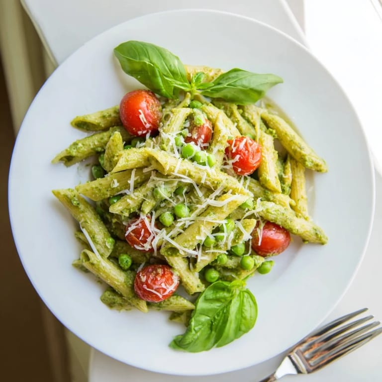 A vibrant bowl of Green Pesto Pasta Salad with cherry tomatoes and fresh basil garnish.