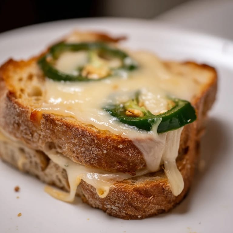 Zwei sandwiches aus Sauerteigbrot mit Havarti und frischen Jalapeños, knusprig gebraten