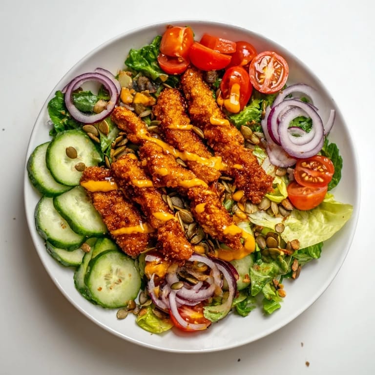 Gehobelter Salat mit knusprigem Hähnchen, gewürztem Honig und knackigen Kürbiskernen auf leuchtend grünem Römersalat.
