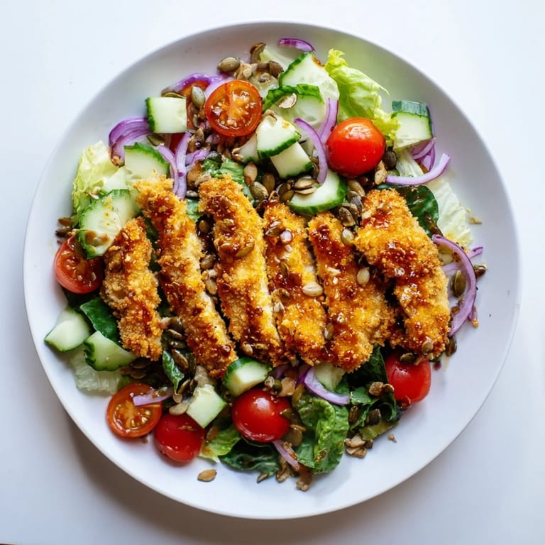 Genieße diesen scharfen Honig-Hähnchen-Salat mit Tomaten, Gurken und roten Zwiebeln für eine würzige, befriedigende Mahlzeit.